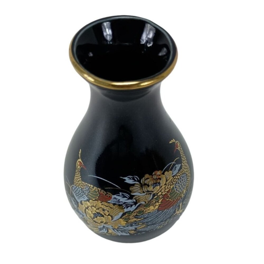 Japanese Style Pheasant miniature Vase W/Gold Rim Vintage